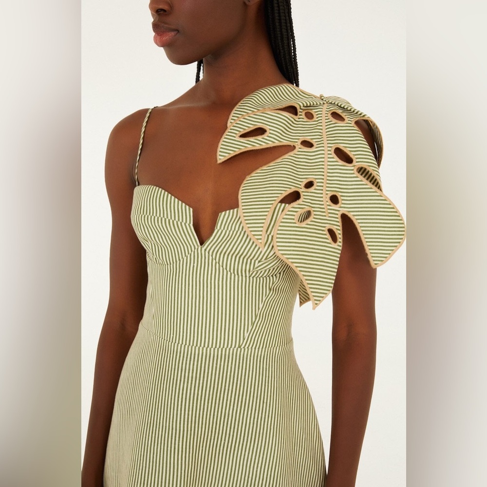 Farm Rio Green Striped 3d Monstera Leaf Midi Dress - Picture 3 of 9